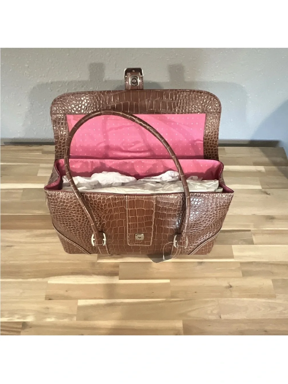 Liz Claiborne Brown Croc-Embossed Satchel with Pink Interior